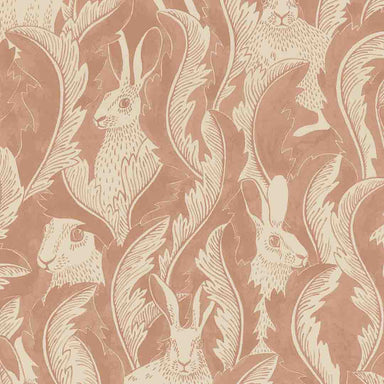 Patterned wallpaper with white hares and leaves on a pink background