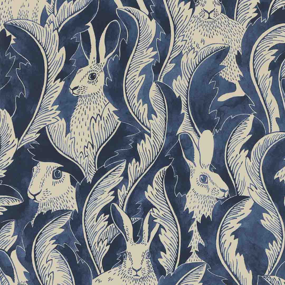Wallpaper - Hare in Hiding - Dark Denim | Nicholas Engert Interiors