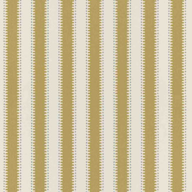 A close-up of a striped fabric pattern with alternating vertical bands of muted mustard yellow, warm beige, and off-white, each band decorated with a fine row of small gray dots.