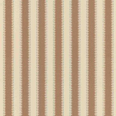 A close-up of a fabric or wallpaper pattern featuring vertical stripes in warm brown and cream, separated by thin dotted lines.