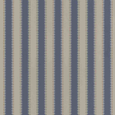 A close-up of a fabric or wallpaper pattern featuring vertical stripes in muted slate blue and warm beige, separated by thin dotted lines of small red, brown, and blue accents.