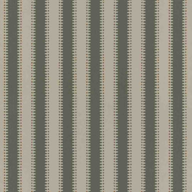 A close-up of a striped fabric pattern with vertical bands of dusty olive green and warm beige, each decorated with a repeating row of small brown dots.