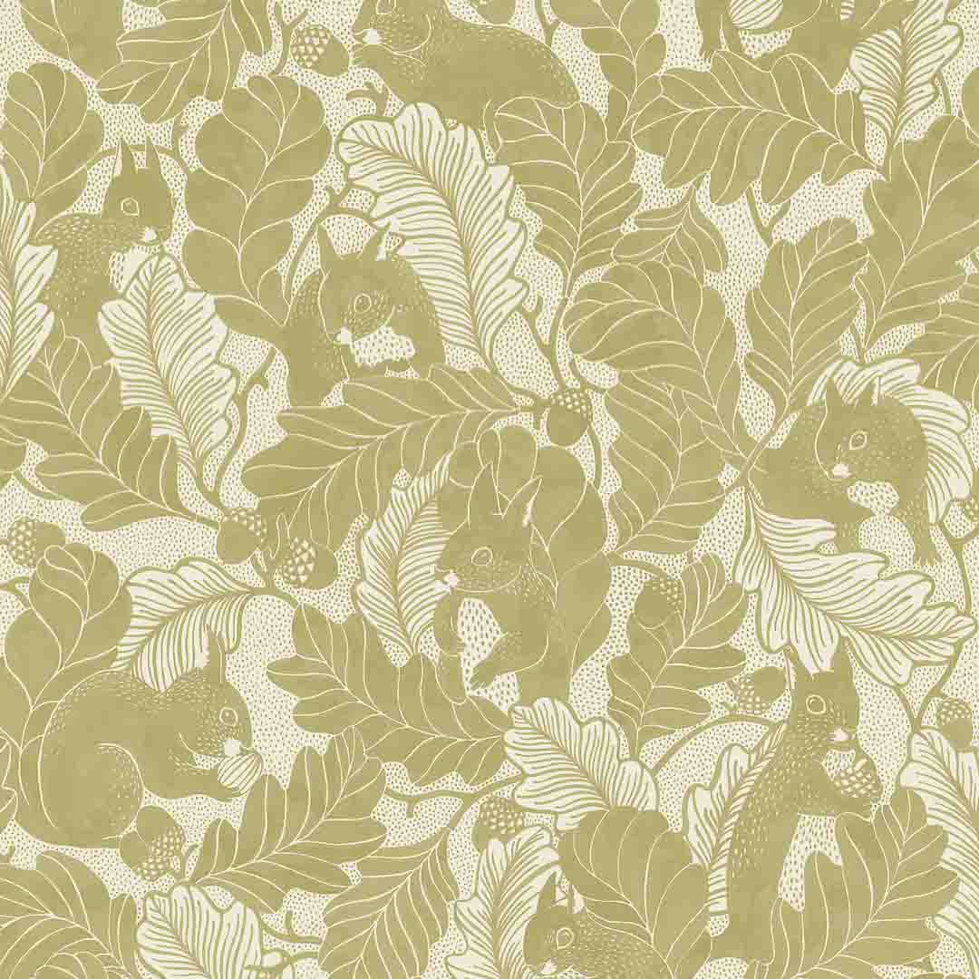Pattern of squirrels and leaves on a beige background