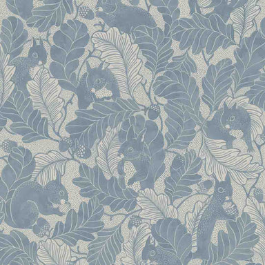 Patterned wallpaper with blue squirrels and leaves on a beige background
