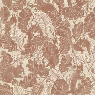 Pattern of squirrels and leaves on a beige background