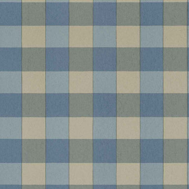 A close-up of a gingham plaid wallpaper pattern with alternating blue, light blue, grey, and beige squares.