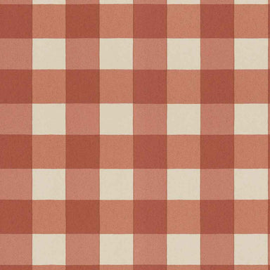 A close-up of a gingham checkered wallpaper pattern in muted terracotta, dusty rose, and cream colours.
