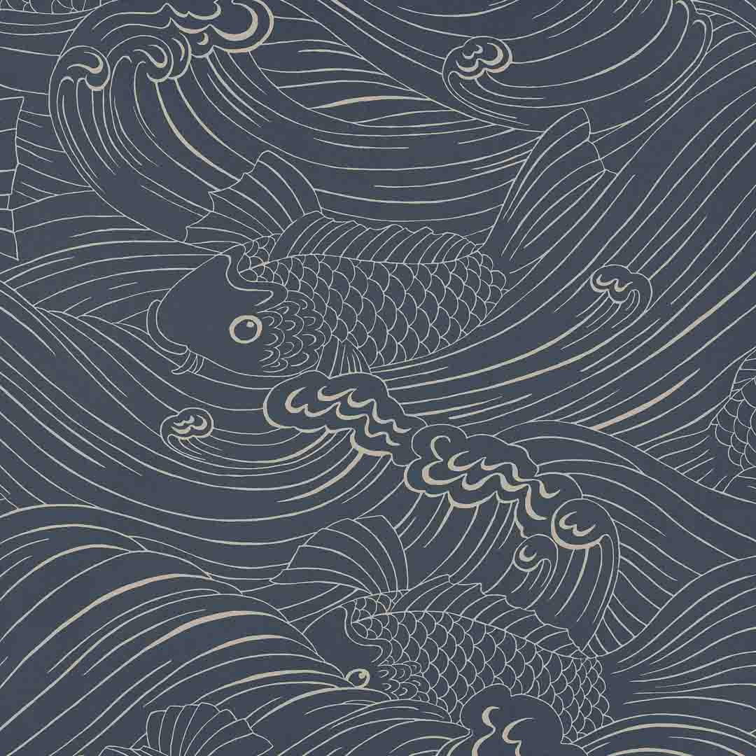 Decorative wallpaper with koi fish and wave patterns on a dark blue background