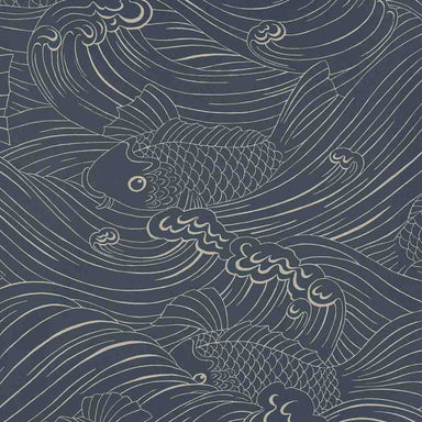 Decorative wallpaper with koi fish and wave patterns on a dark blue background