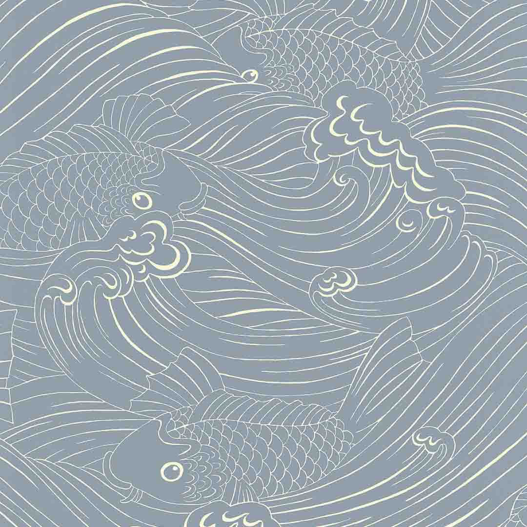 Decorative pattern of fish and waves on a light blue background