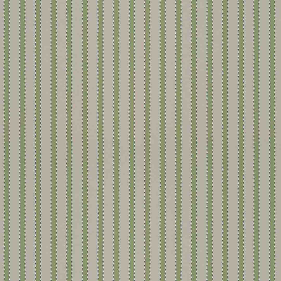 A close-up of a wallpaper pattern featuring vertical olive green dotted stripes on a warm beige background.