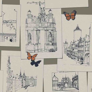 Collage of architectural drawings with butterflies on a textured surface