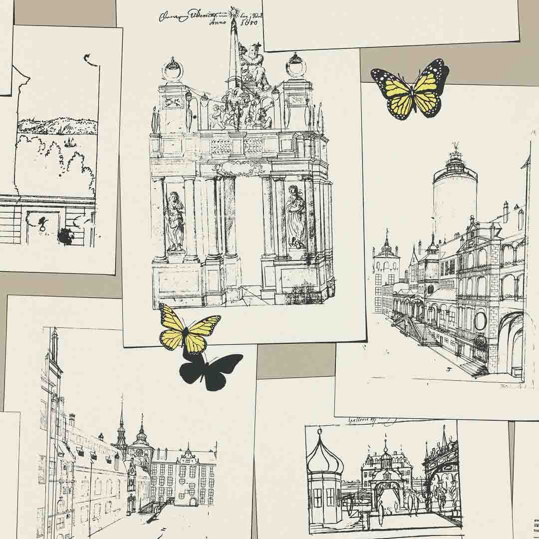 Collage of architectural sketches with butterflies on a textured surface
