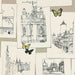 Collage of architectural sketches with butterflies on a textured surface