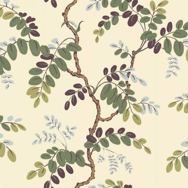 Pattern of green leaves and branches on a beige background