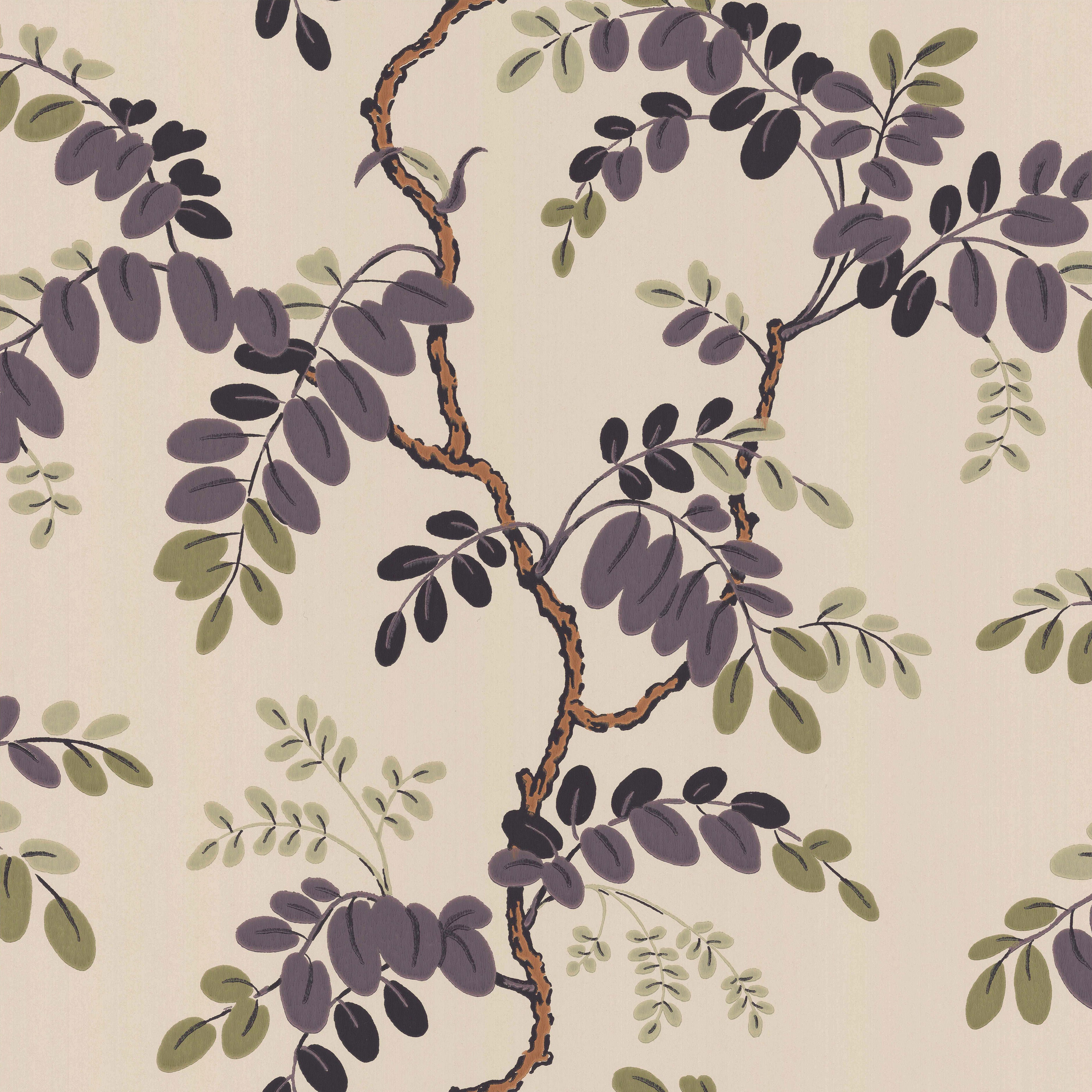 Pattern of purple and green leaves on a beige background