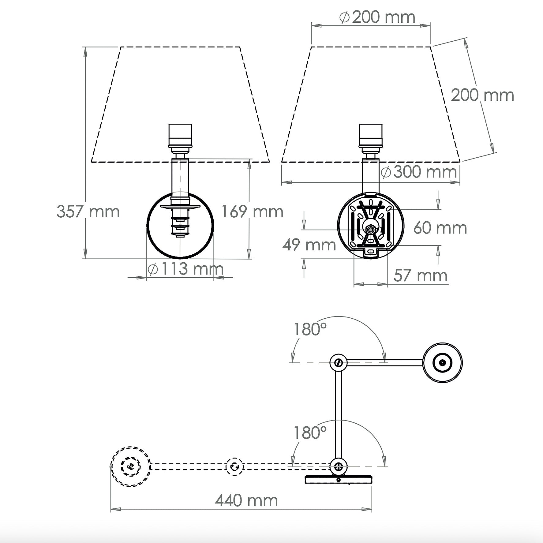 Technical drawing of a lamp with dimensions labeled