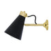 Wall-mounted lamp with black shade and brass arm on a white background