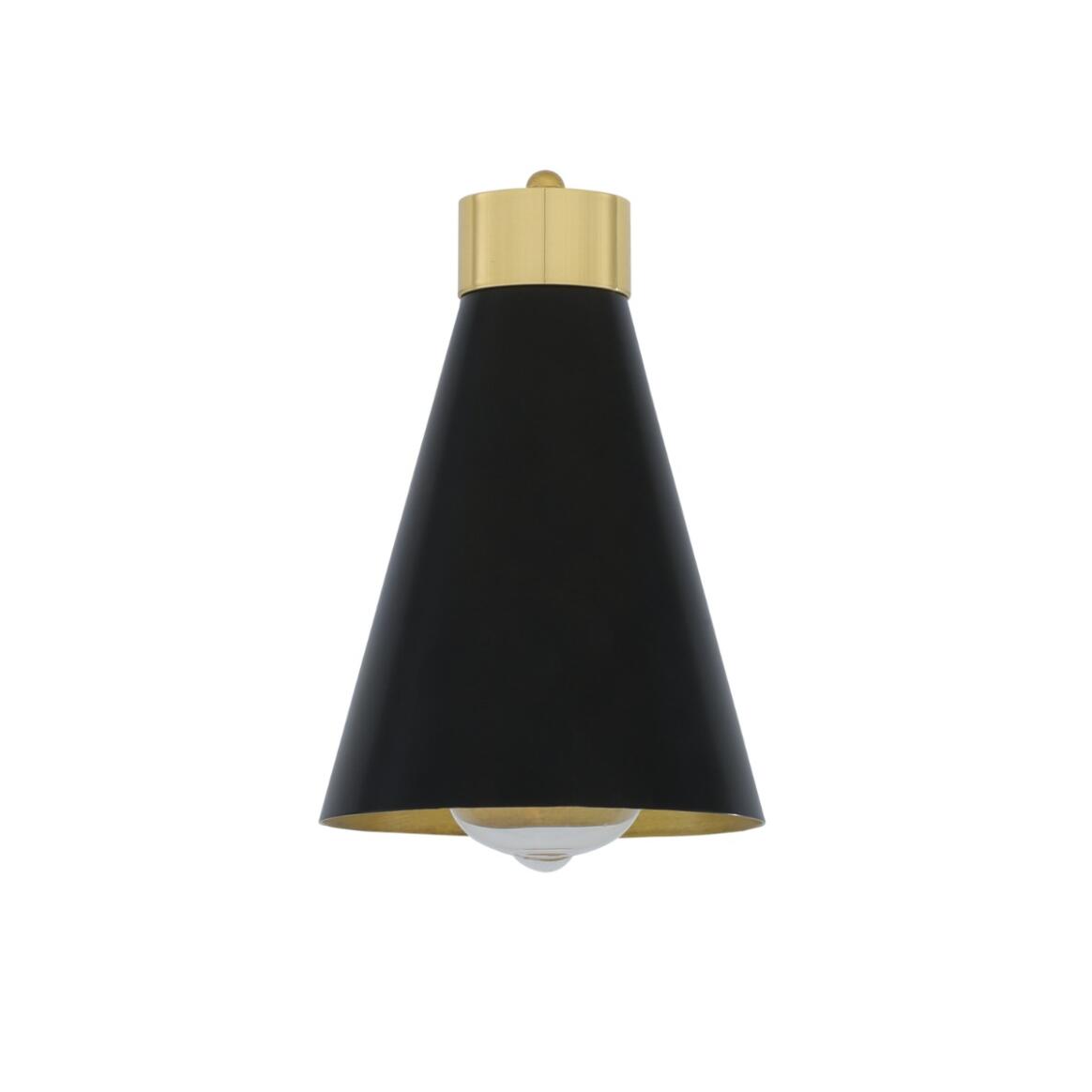Black cone-shaped lamp with brass accent on a white background