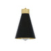 Black cone-shaped lamp with brass accent on a white background