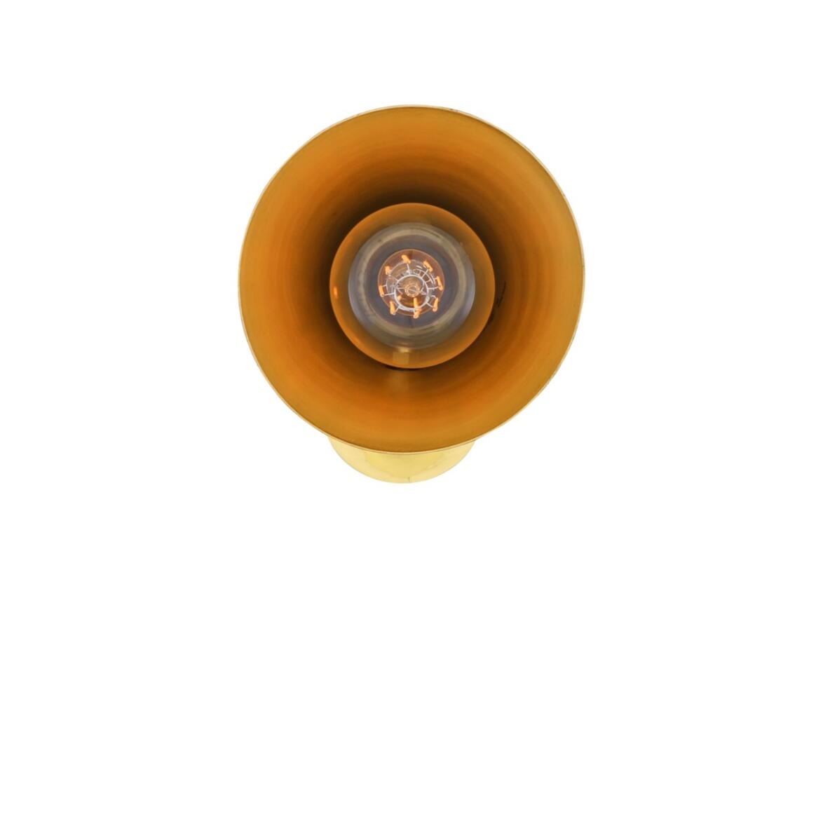 A top-down view of a warm amber-brown glass light fixture shade or lamp base with a visible glowing bulb inside, centered on a plain white background.