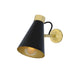 Wall-mounted light fixture with black cone shade and brass accents on a white background