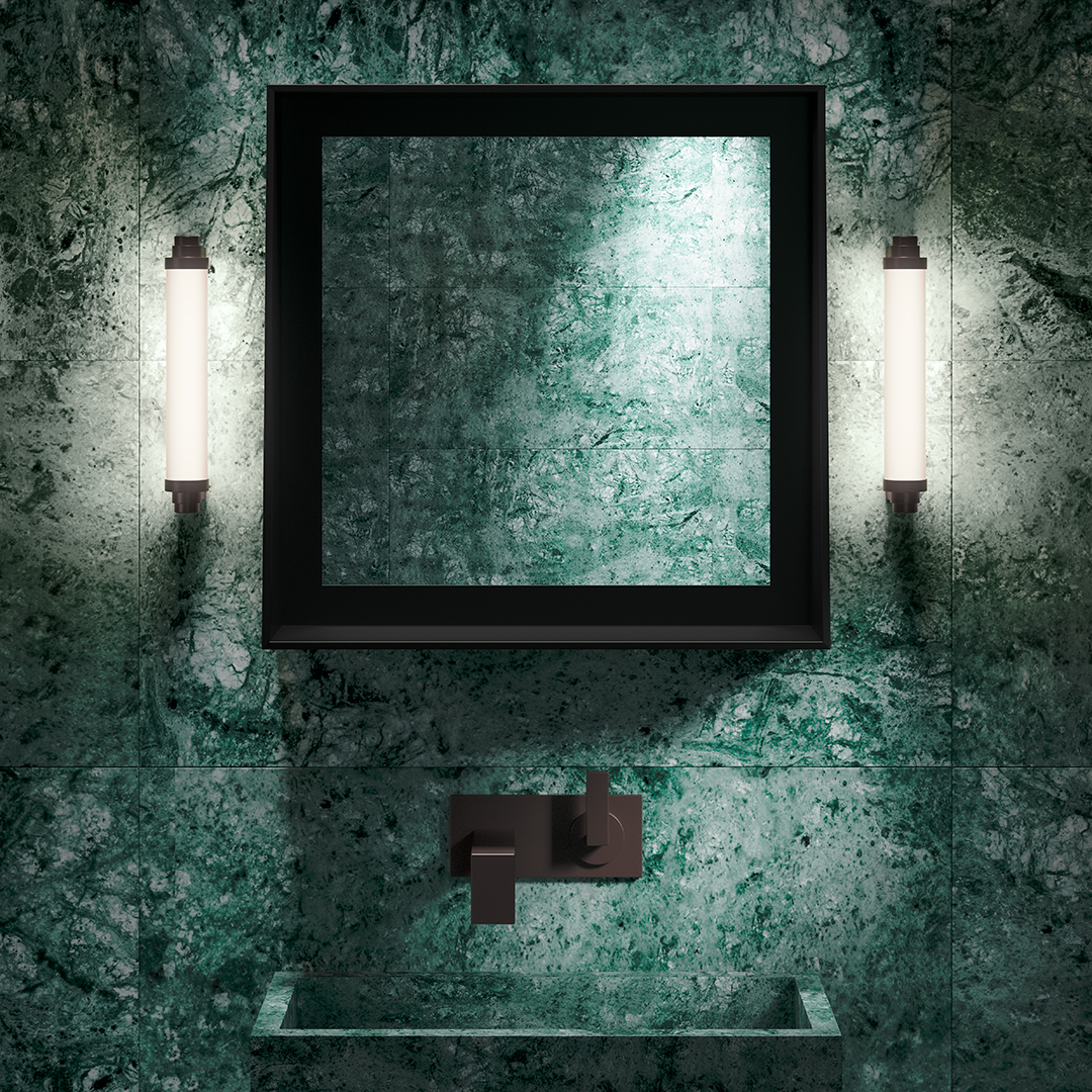 Bathroom Wall light in dark bronze finish with mirror and sink in green marble