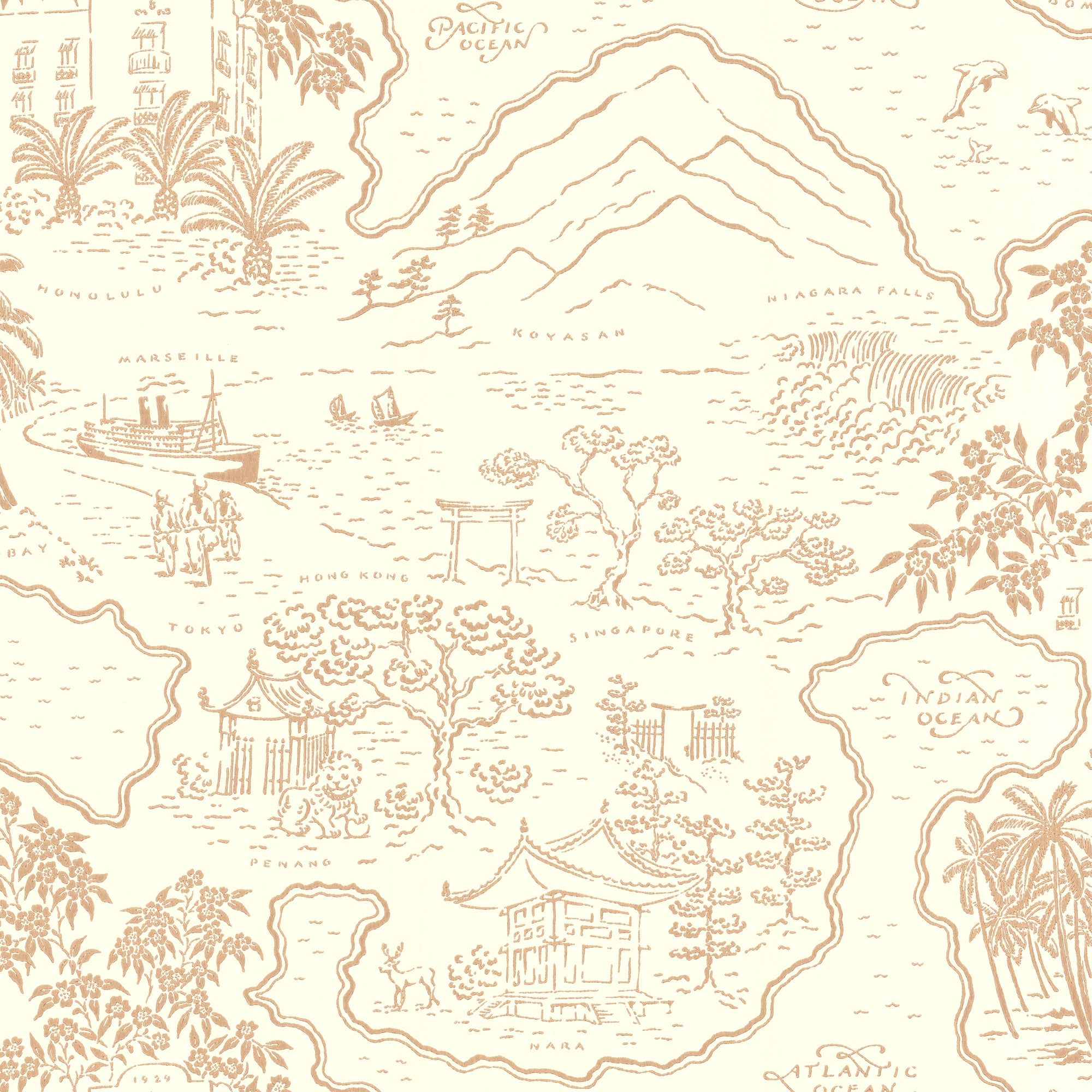 A illustrated travel map wallpaper pattern, Voyage 1929 in Cinnamon.