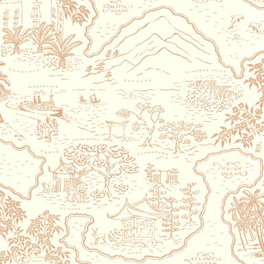 A illustrated travel map wallpaper pattern, Voyage 1929 in Cinnamon.