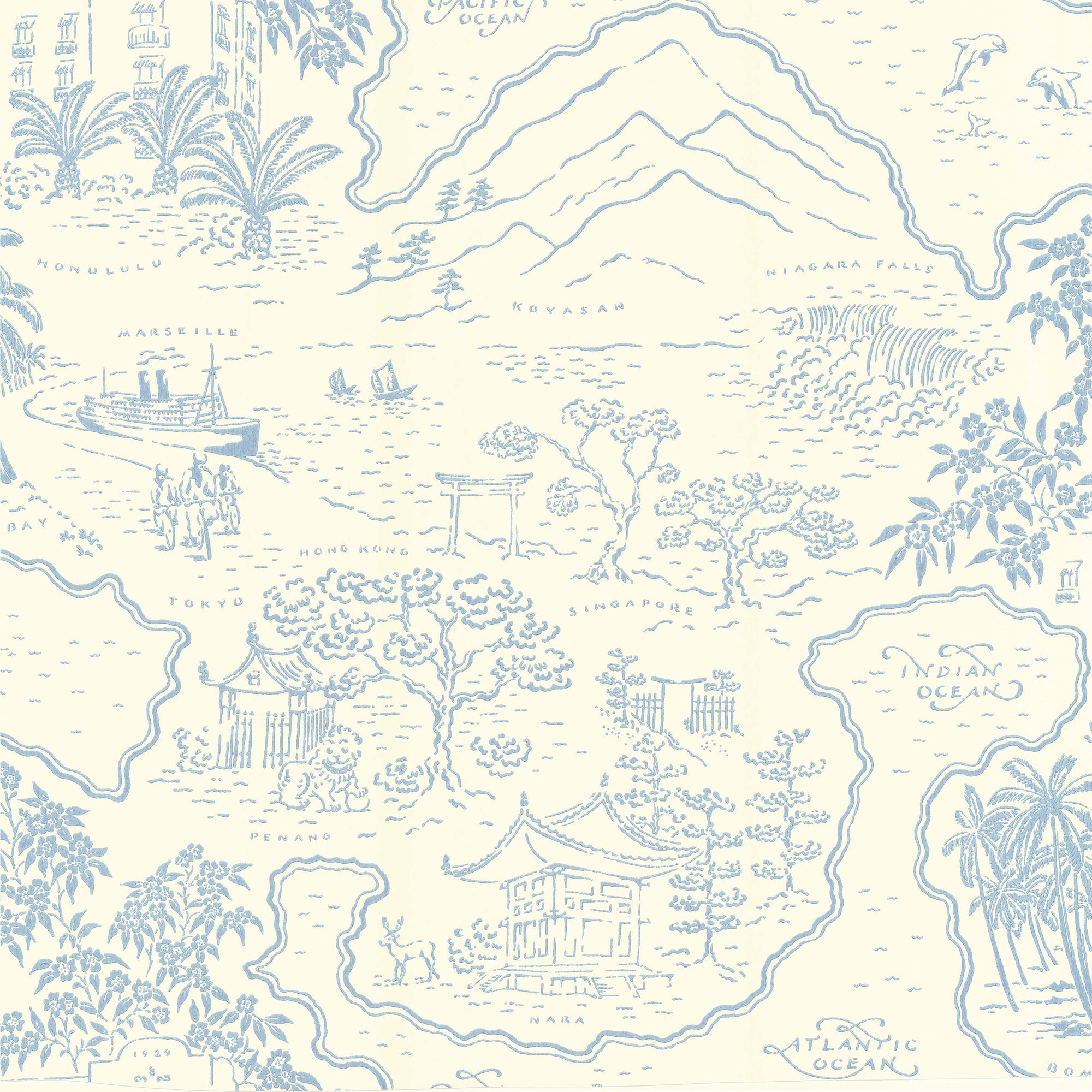 A illustrated travel map wallpaper pattern, Voyage 1929 in Vintage Blue.