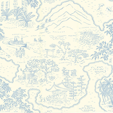 A illustrated travel map wallpaper pattern, Voyage 1929 in Vintage Blue.