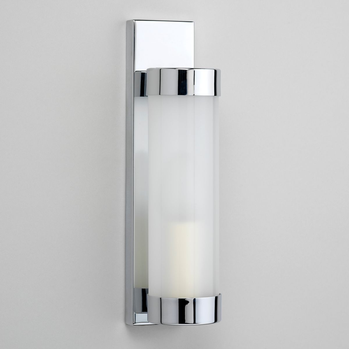 Chrome and opaque glass art deco bathroom light detail
