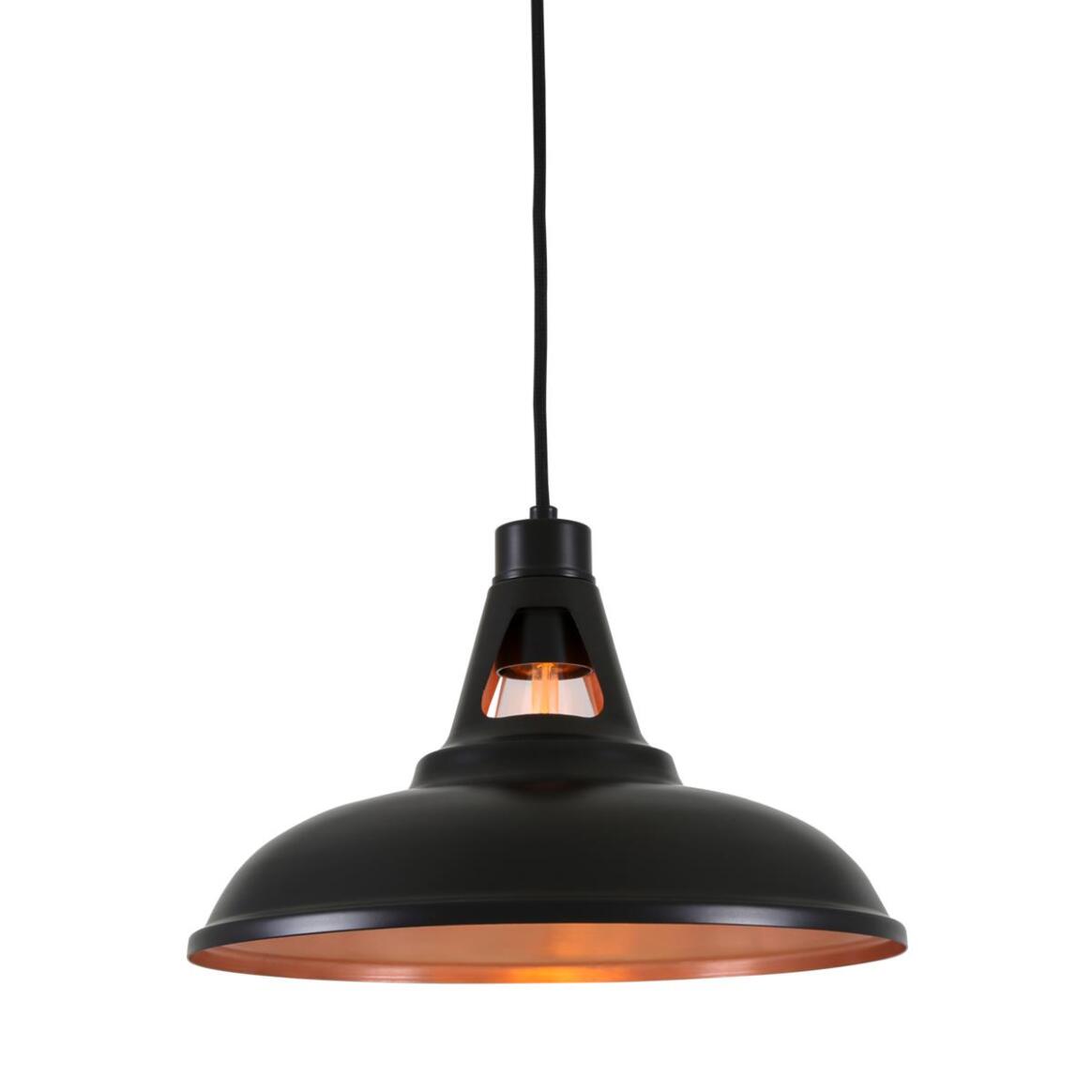 A black dome pendant light with a warm copper-toned interior, suspended by a black cord against a plain white background.