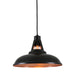 A black dome pendant light with a warm copper-toned interior, suspended by a black cord against a plain white background.