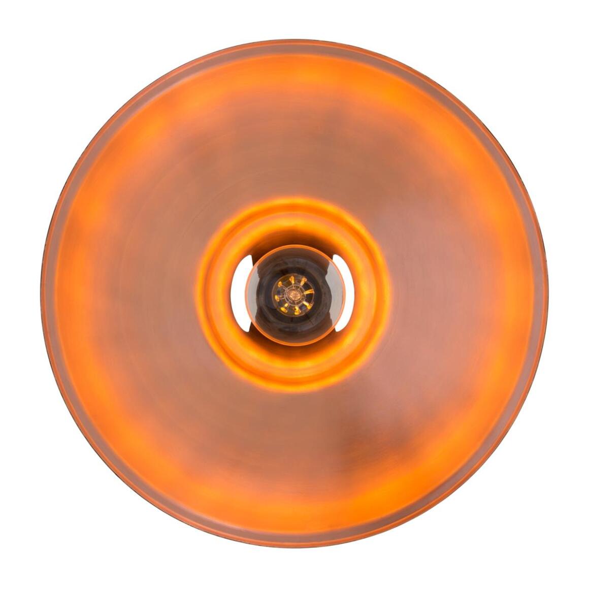A top-down view of a circular amber-orange light fixture or lamp shade with a glowing warm light and a dark central core, isolated on a white background.