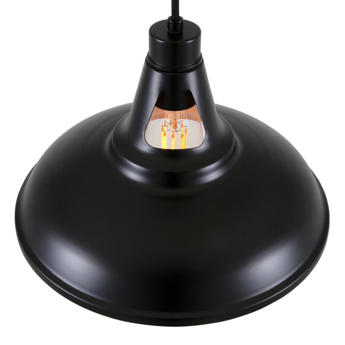 Black pendant light with visible bulb on a white background
