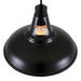 Black pendant light with visible bulb on a white background