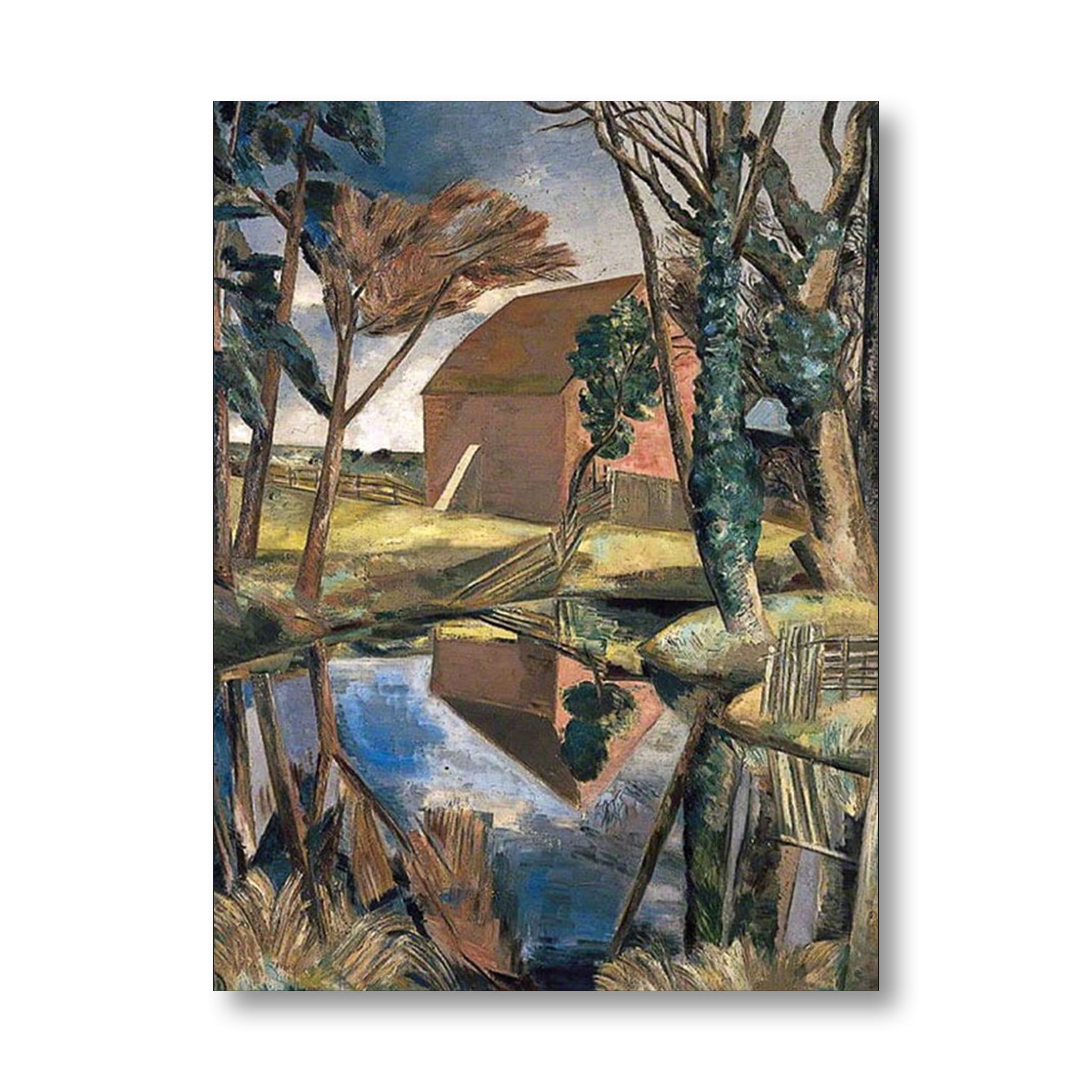A vertical canvas print of a post-impressionist landscape painting depicting a rustic red-brown barn reflected in a calm blue pond, surrounded by dark green and brown trees under a cloudy sky.