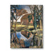 A vertical canvas print of a post-impressionist landscape painting depicting a rustic red-brown barn reflected in a calm blue pond, surrounded by dark green and brown trees under a cloudy sky.