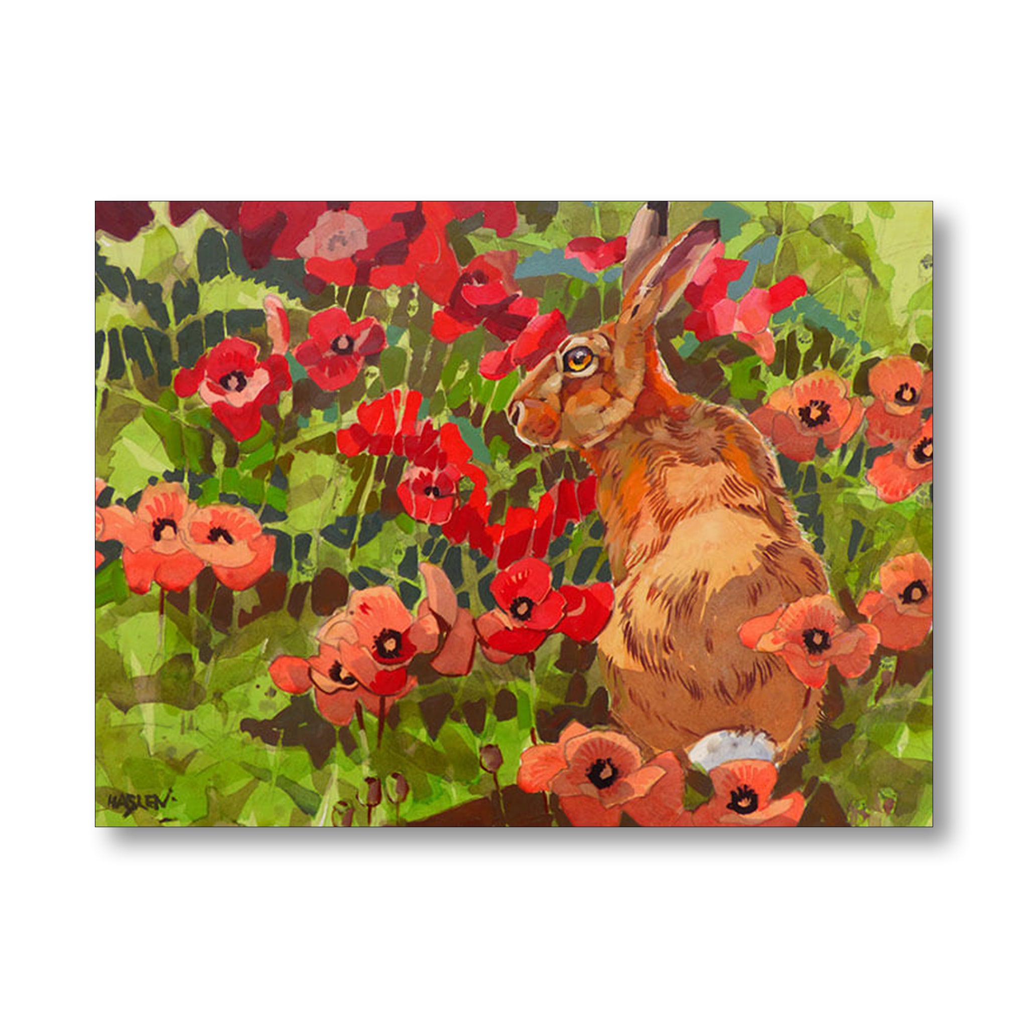A square canvas art print depicting a brown hare sitting among red poppies and green foliage, shown against a plain white background.
