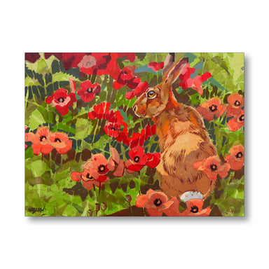 A square canvas art print depicting a brown hare sitting among red poppies and green foliage, shown against a plain white background.