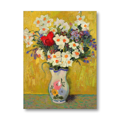 Spring flowers in a glazed vase against yellow wall