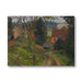 Greetings card of rustic scene with cottage and farm buildings, trees and hills