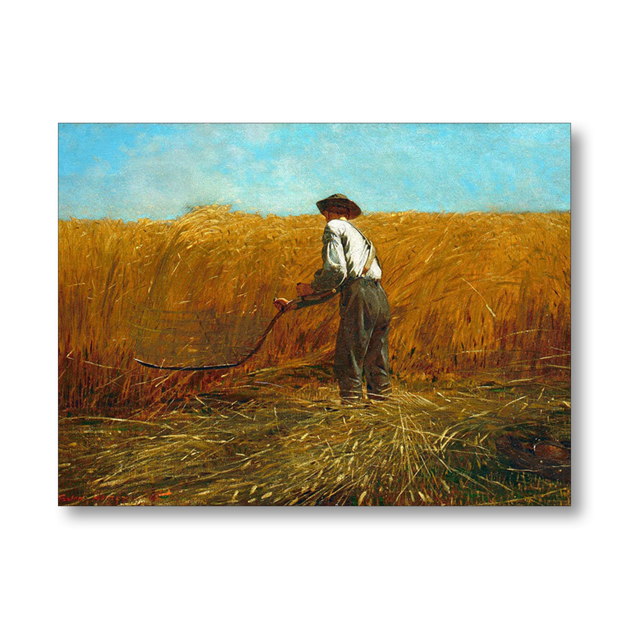 A horizontal canvas print of a classic oil painting depicting a farmer using a scythe in a golden wheat field under a light blue sky, shown against a plain white background.