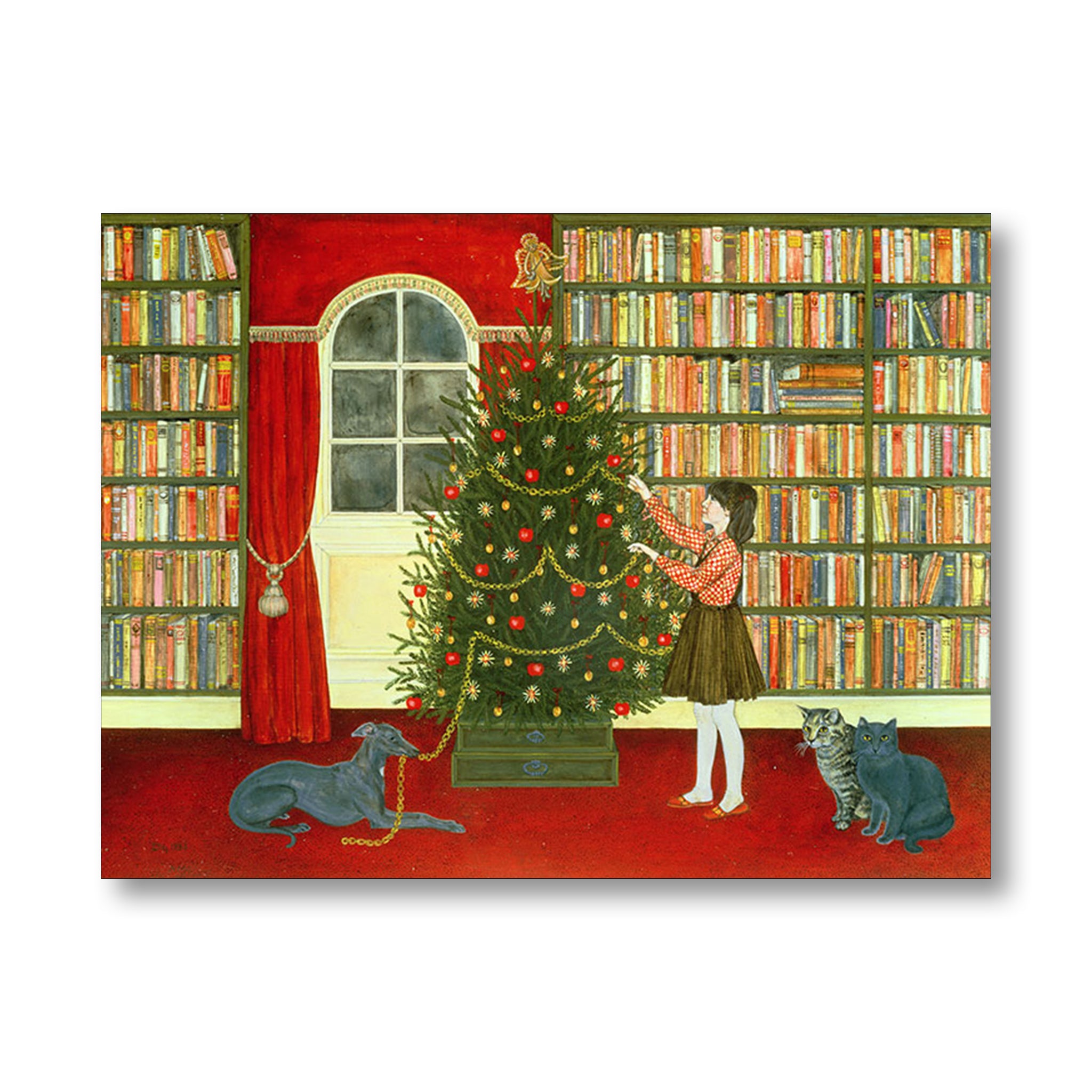 Christmas Card of girl decorating Christmas tree