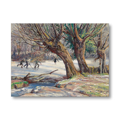 Greetings Card of ice hockey among trees by Laura Knight