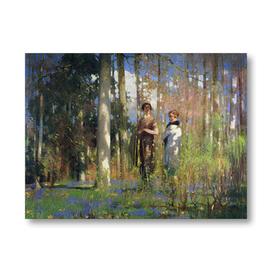 A greeting card featuring a painting with two people walking in a woodlands area, with lush greenery and trees in the background.