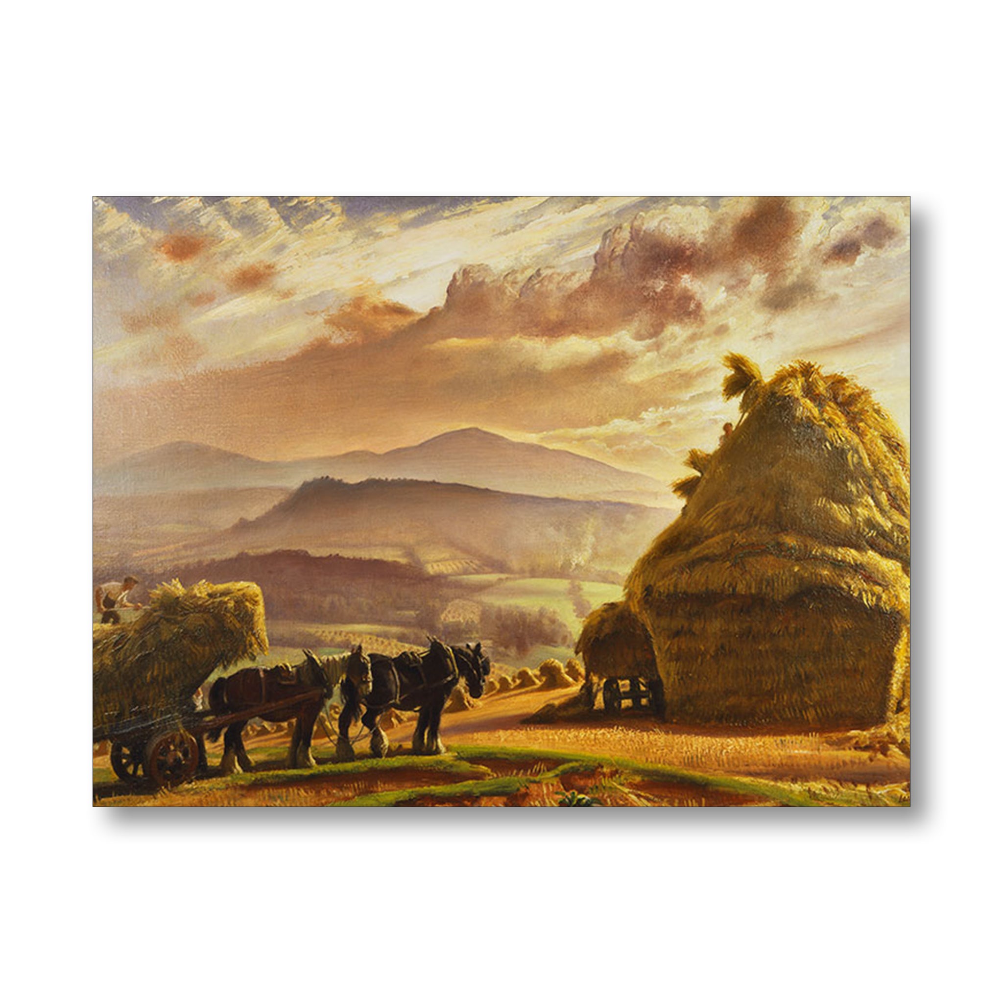 Greeting Card of rustic scene of malvern hills with corn stacks and horses and carts