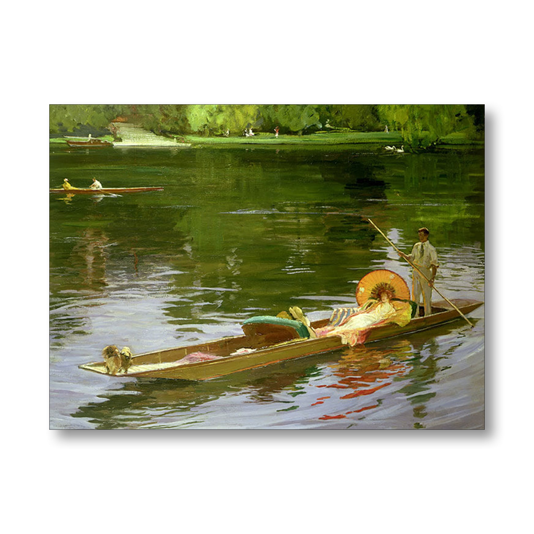 picture of river punt with recline woman and  man punting