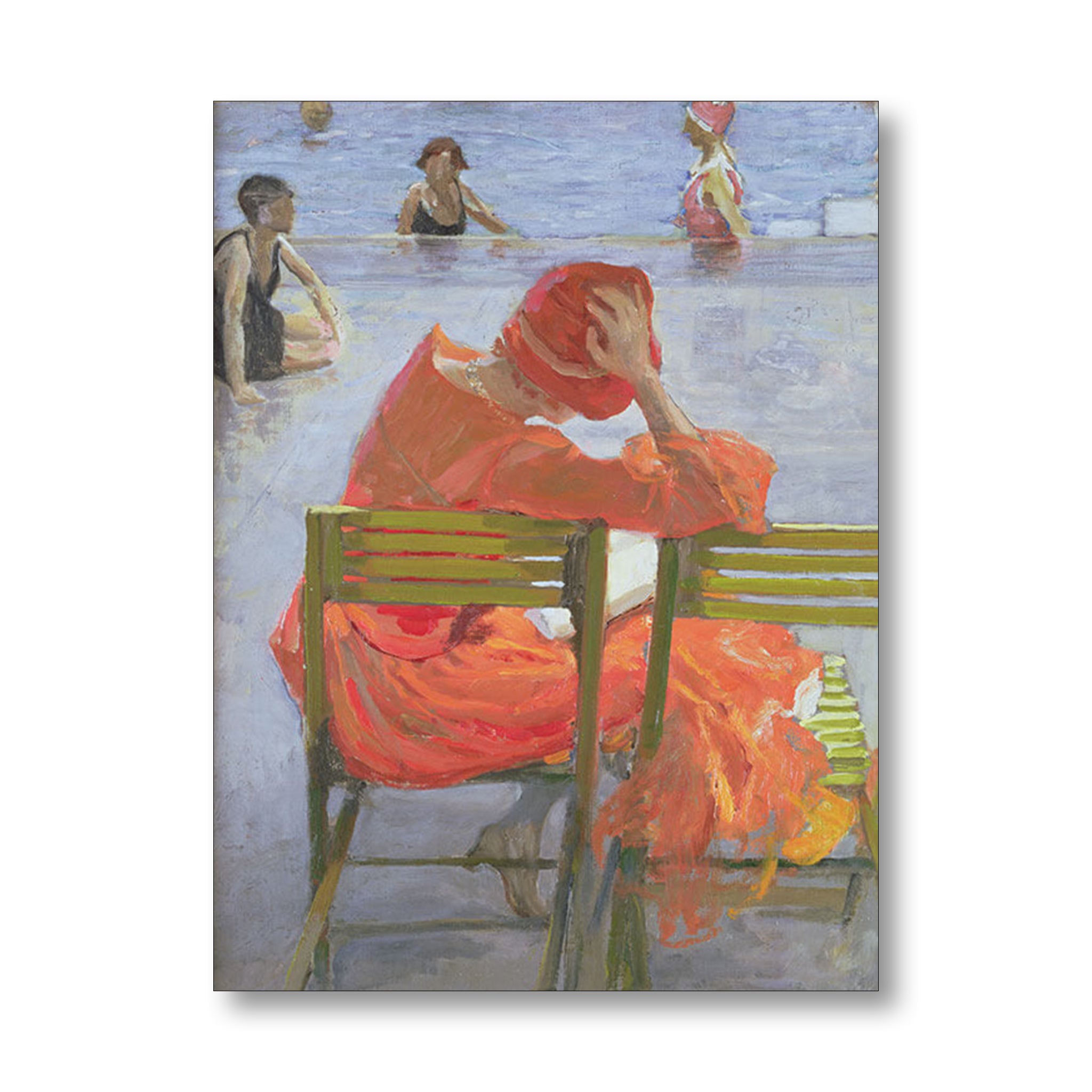 girl sitting on a chair by swimming pool  with other bathers